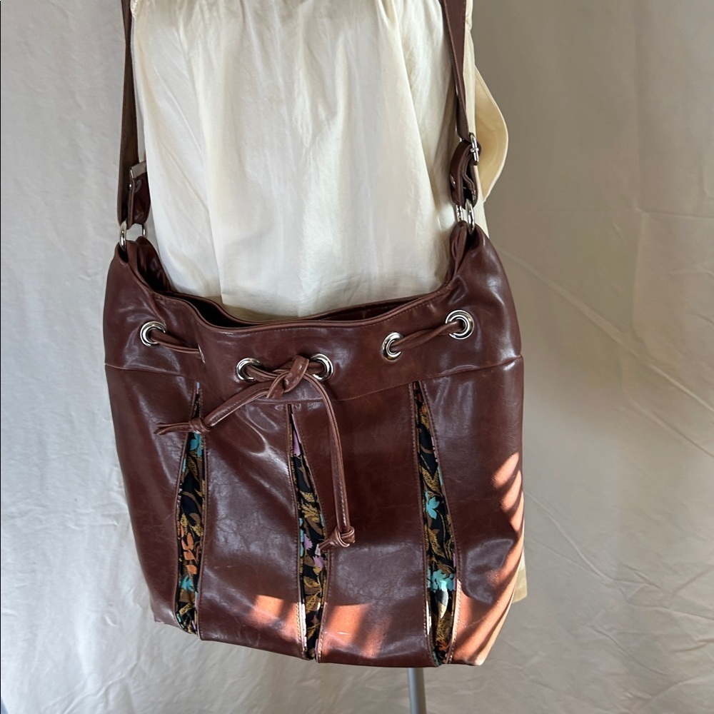 CRYSTALYN KAE SOIRREE BROWN DRAWSTRING TOTE WITH FABRIC INSERTS MADE IN USA